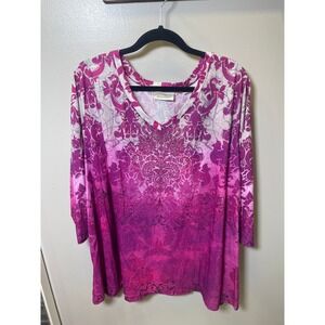 Avenue Womens Plus Size 30/32 Pink Purple Damask Ombre Rhinestone V-Neck Top